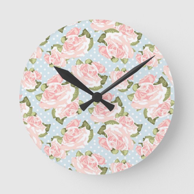 Reloj Redondo Mediano Beautiful rose pattern with blue polka dots (Anverso)