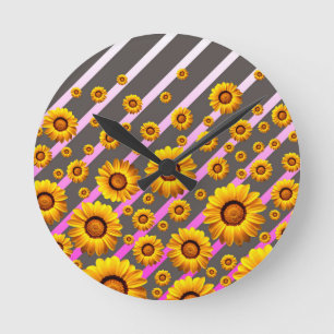 Reloj Redondo Mediano Beautiful yellow flowers on gray, pink stripes