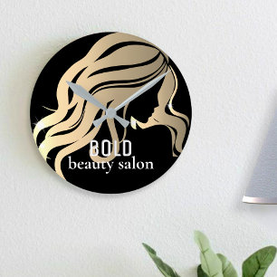 Reloj Redondo Mediano Beauty Salon Business Name Metallic Gold + Black