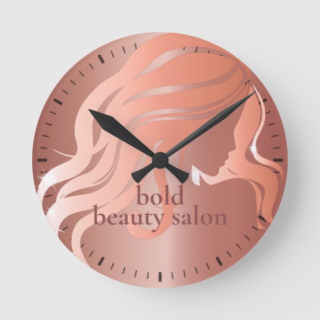 Reloj Redondo Mediano Beauty Salon Custom Name Rose Gold Metallic Wall (Anverso)