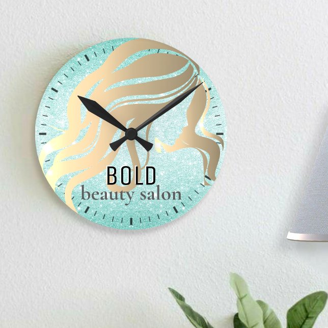 Reloj Redondo Mediano Beauty Salon Name Metallic Gold Aqua Blue Glitter (Subido por el creador)
