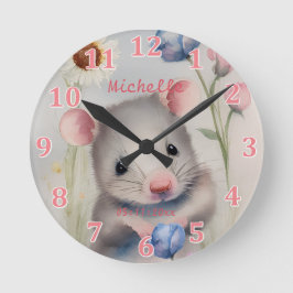 Reloj Redondo Mediano Bebé Ratón Adorable Flores Pastel de Acuarela de P