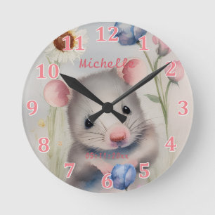 Reloj Redondo Mediano Bebé Ratón Adorable Flores Pastel de Acuarela de P