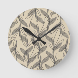 Reloj Redondo Mediano Beige Gris Botánico Retro Moderno De Mediados Del