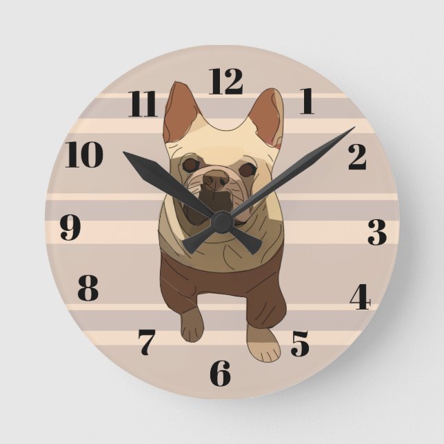 Reloj Redondo Mediano Beige Stripes French Bulldog (Anverso)