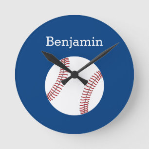 Reloj Redondo Mediano Béisbol con el nombre de encargo - azul real