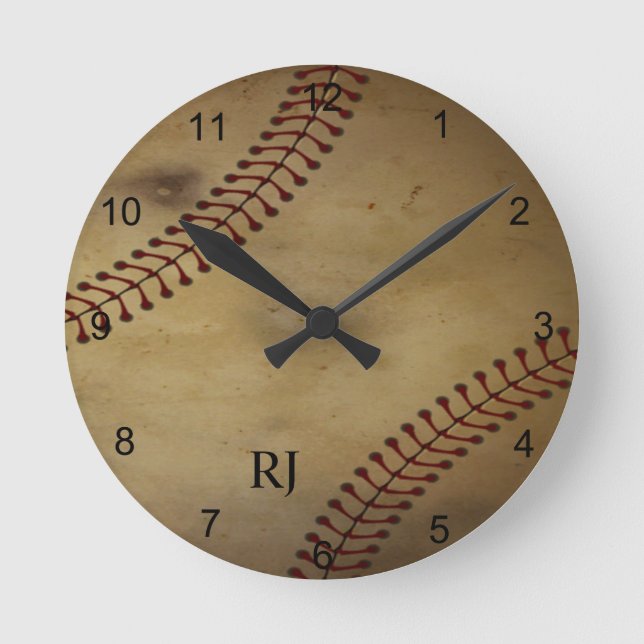 Reloj Redondo Mediano Béisbol vintage con monograma (Anverso)