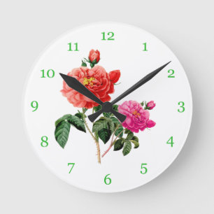 Reloj Redondo Mediano bellas flores rojas y rosas antiguas