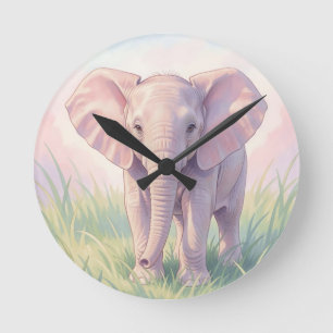 Reloj Redondo Mediano Bello elefante bebé en prado pastel