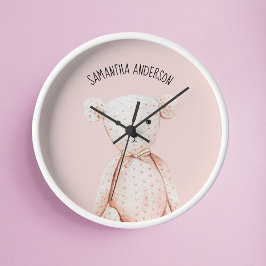 Reloj Redondo Mediano Bello Moderno Pastel Oso De Teddy Rosa Con Nombre