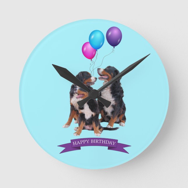 Reloj Redondo Mediano Bernese Mountain Dogs Feliz cumpleaños (Anverso)