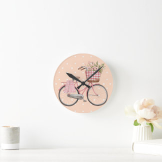 Reloj Redondo Mediano Bicicleta de lunares rosa, decoración vintage ador