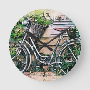 Reloj Redondo Mediano Bicicleta y cesta en el jardín