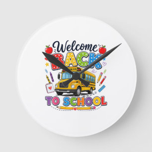 Reloj Redondo Mediano Bienvenido de vuelta al autobús escolar Camisetas
