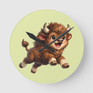 Reloj Redondo Mediano Bison Adorable con Grandes Ojos Feliz Cómic de Vid