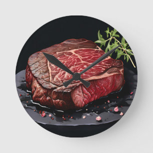 Reloj Redondo Mediano Bistec de Costilla Crudo en Primer Plano