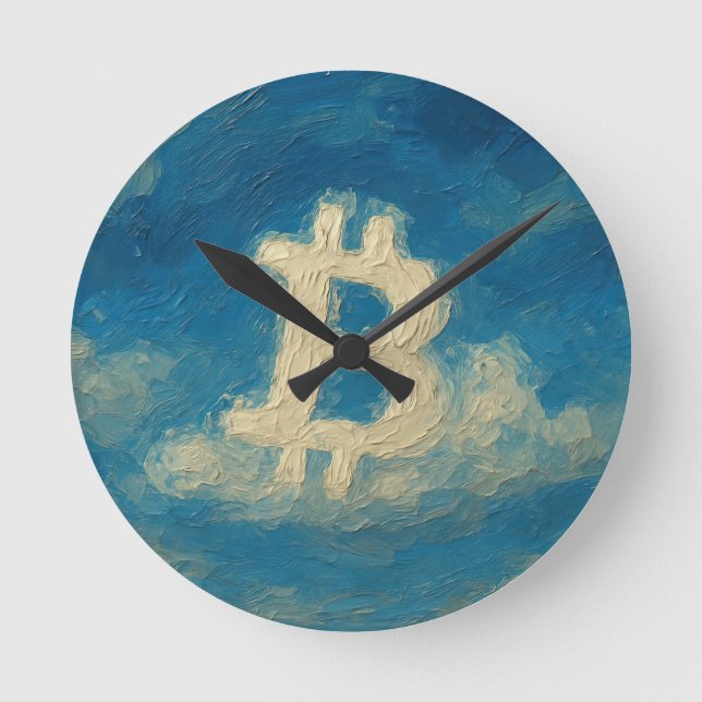 Reloj Redondo Mediano Bitcoin Cielo Azul (Óleo, Estilo: 3) (Anverso)