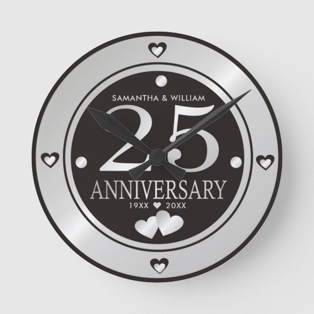 Reloj Redondo Mediano  Black And Silver 25th Wedding Anniversary  (Anverso)