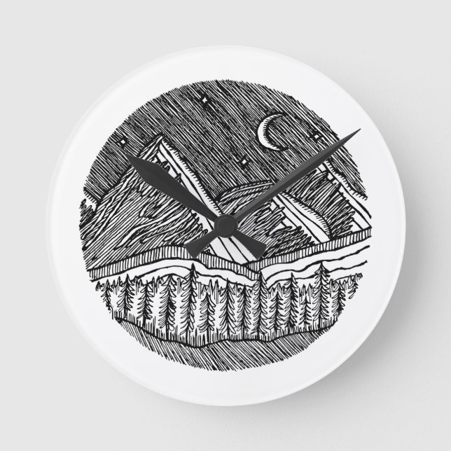 Reloj Redondo Mediano Black and White Ink-Drawn Round Alp Landscape (Anverso)