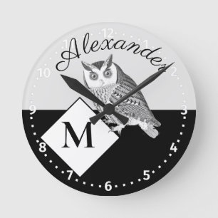Reloj Redondo Mediano Black and White Owl Gray Monogram name