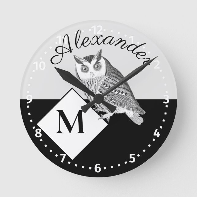 Reloj Redondo Mediano Black and White Owl Gray Monogram name  (Anverso)