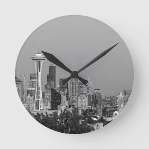 Reloj Redondo Mediano Black and White Seattle cityscape