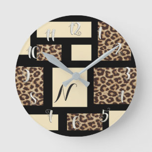 Reloj Redondo Mediano Black & Cream Leopard Cheetah Color Block Custom