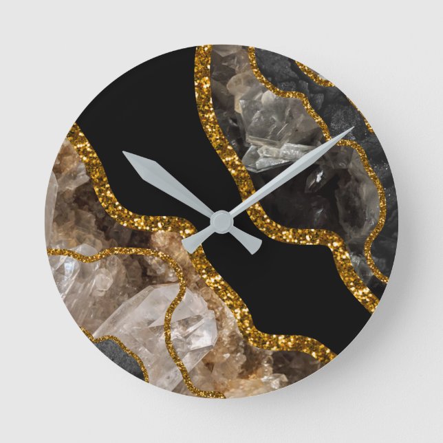 Reloj Redondo Mediano Black & Gold Agate Geode Glitter (Anverso)