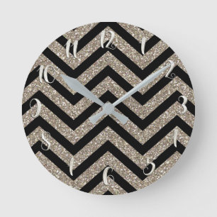 Reloj Redondo Mediano Black & Gold Glitter Girly Glam Glamour Chevron