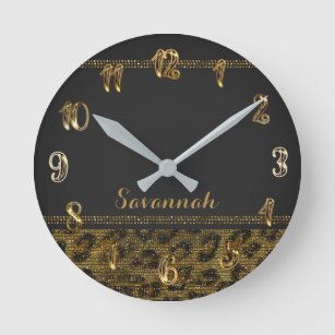 Reloj Redondo Mediano Black & Gold Leopard Cheetah Sequin Glitter