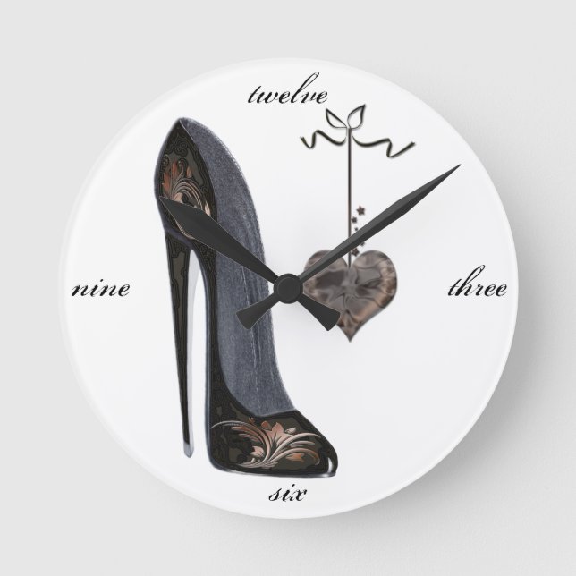 Reloj Redondo Mediano Black Stiletto Shoe and Heart Art (Anverso)