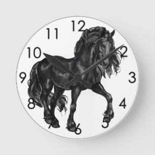 Reloj Redondo Mediano Black Watercolor Friesian Horse prancing