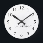 Reloj Redondo Mediano Black White Modern Script Girly Monograma Nombre<br><div class="desc">Reloj de nombres de monograma de escritura simple en blanco y negro. Esto hace que el dulce perfecto cumpleaños 16,  boda,  ducha de novia,  aniversario,  ducha de bebé o fiesta de soltera sea regalo para alguien que ama el lujo glam y los estilos de moda.</div>
