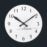 Reloj Redondo Mediano Black White Modern Script Girly Monograma Nombre<br><div class="desc">Reloj de nombres de monograma de escritura simple en blanco y negro. Esto hace que el dulce perfecto cumpleaños 16,  boda,  ducha de novia,  aniversario,  ducha de bebé o fiesta de soltera sea regalo para alguien que ama el lujo glam y los estilos de moda.</div>