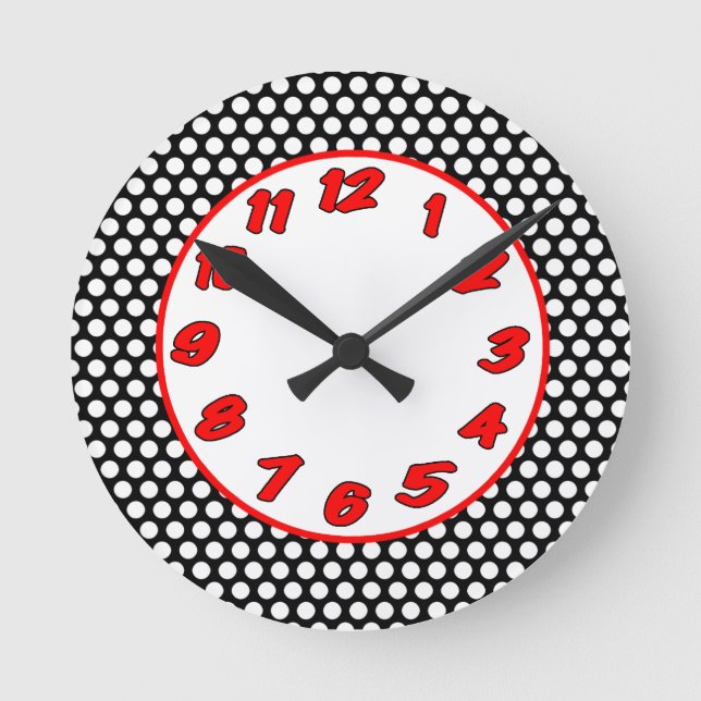 Reloj Redondo Mediano Black White & Red Polka Dots (Anverso)