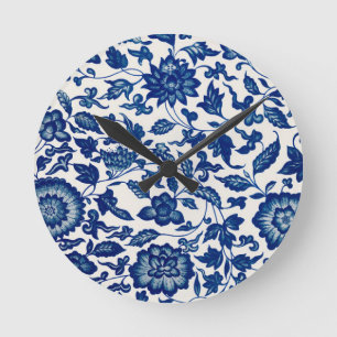 Reloj Redondo Mediano Blanco Azul Flor Silvestre Francés Chinoiserie 