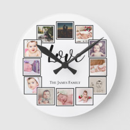 Reloj Redondo Mediano Blanco negro personalizado de 12 Collages de fotos