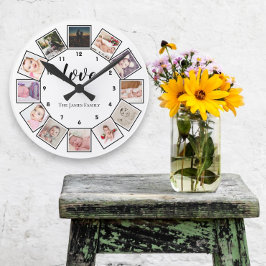 Reloj Redondo Mediano Blanco negro personalizado de 12 Collages de fotos