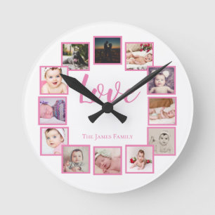 Reloj Redondo Mediano Blanco rosado personalizado de 12 Collages de foto