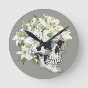 Reloj Redondo Mediano Bloom silencioso: Calaveras y lirios blancos