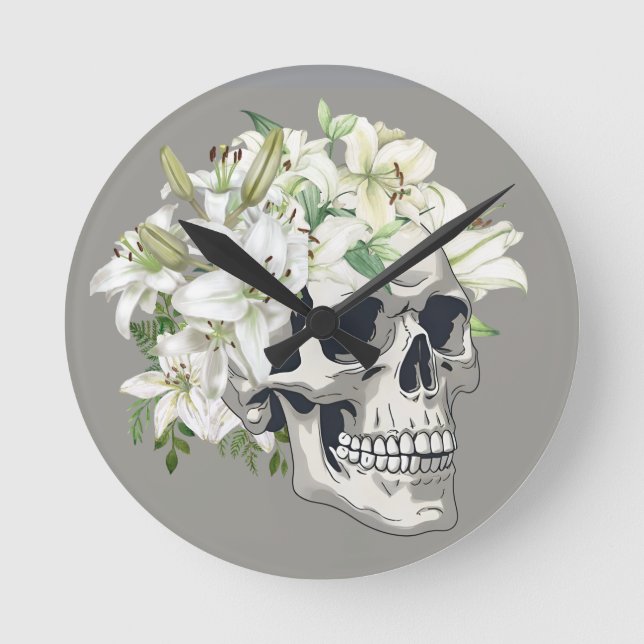Reloj Redondo Mediano Bloom silencioso: Calaveras y lirios blancos (Anverso)