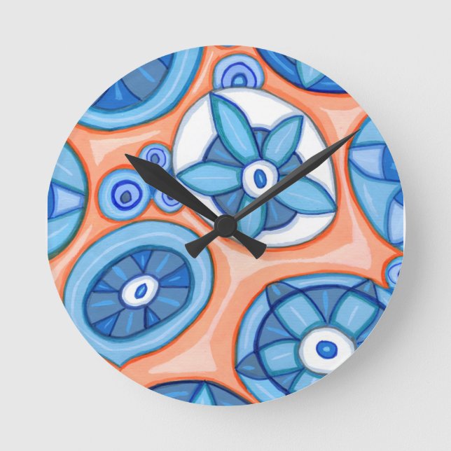 Reloj Redondo Mediano Blue and Orange Abstract Flowers Original painting (Anverso)