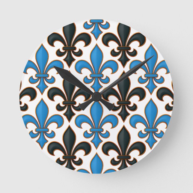 Reloj Redondo Mediano Blue Black Baroque Fleur-de-lis Pattern Design  (Anverso)