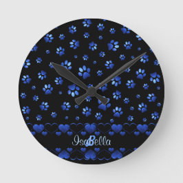 Reloj Redondo Mediano Blue glitter dog paw pattern, Monogram 