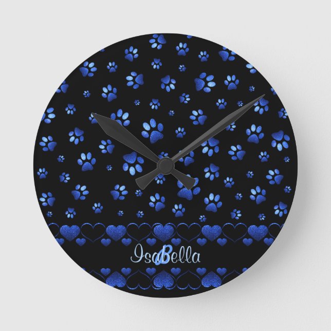 Reloj Redondo Mediano Blue glitter dog paw pattern, Monogram  (Anverso)