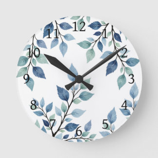 Reloj Redondo Mediano Blue Green Watercolor Leaves Botanical Design 376