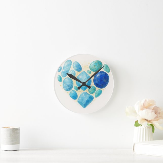 Reloj Redondo Mediano Blue Heart Gemstone Wall Clock – Elegant Spiritual (Hogar)
