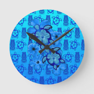 Reloj Redondo Mediano Blue Hibiscus Honu Turtles Tiki