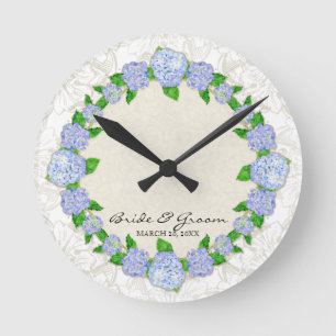 Reloj Redondo Mediano Blue Hydrangea Lace Floral Boda formal regalo
