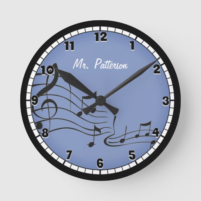 Reloj Redondo Mediano Blue Music Notes Personalizado Large Clock (Anverso)